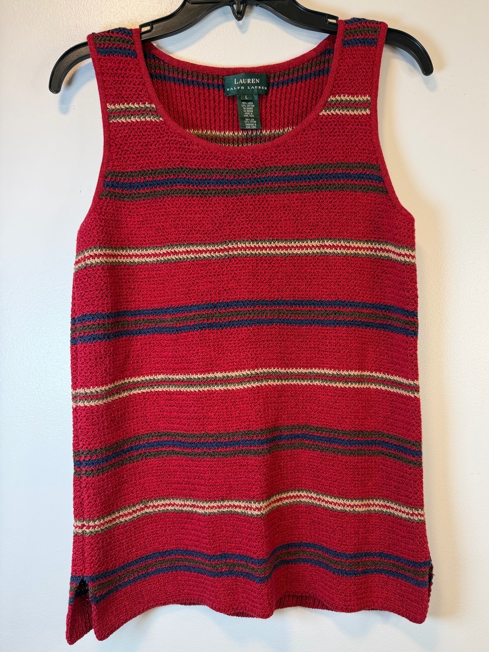 Lauren Ralph Lauren Red Linen Blend Striped Sleeveless Knit Tank Women’s Large